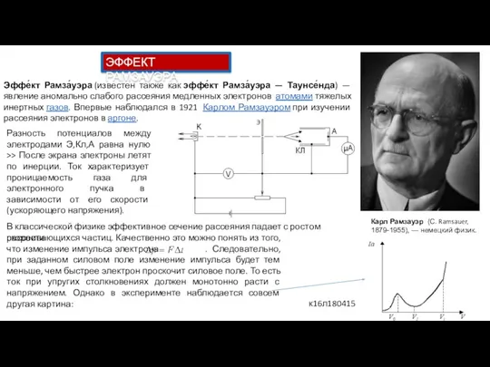 ЭФФЕКТ РАМЗАУЭРА Карл Рамзауэр (С. Ramsauer, 1879-1955), — немецкий физик.