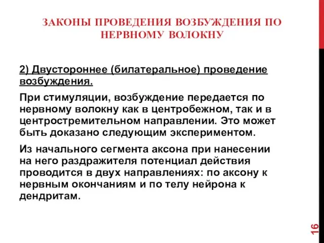 ЗАКОНЫ ПРОВЕДЕНИЯ ВОЗБУЖДЕНИЯ ПО НЕРВНОМУ ВОЛОКНУ 2) Двустороннее (билатеральное) проведение