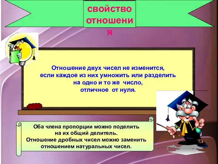 Основное свойство отношения Оба члена пропорции можно поделить на их