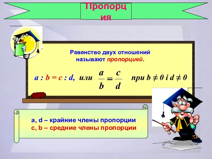 Пропорция a, d – крайние члены пропорции c, b –