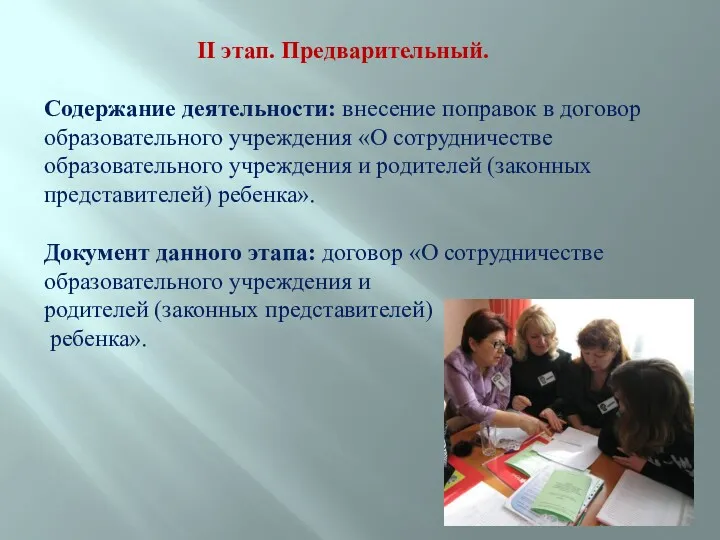 II этап. Предварительный. Содержание деятельности: внесение поправок в договор образовательного учреждения «О сотрудничестве