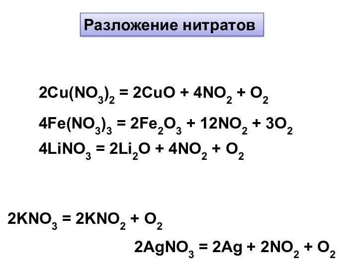 Разложение нитратов 2Cu(NO3)2 = 2CuO + 4NO2 + O2 4Fe(NO3)3