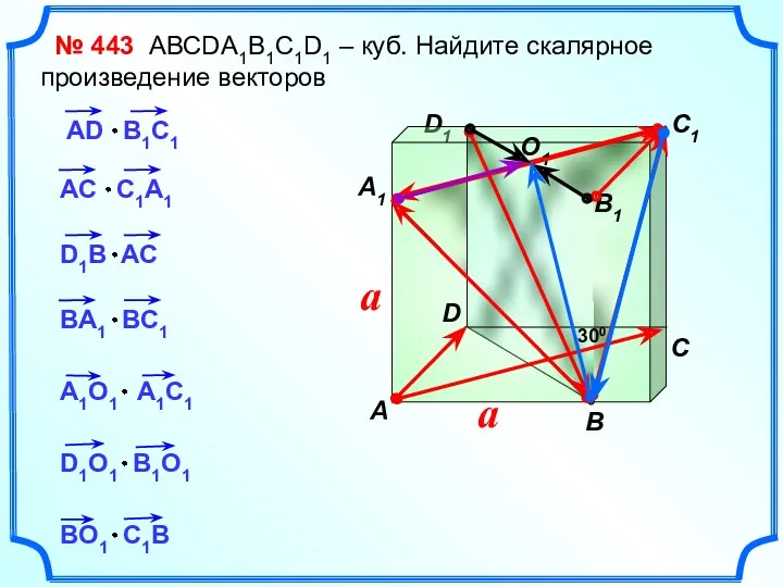 D1 № 443 АВСDA1B1C1D1 – куб. Найдите скалярное произведение векторов