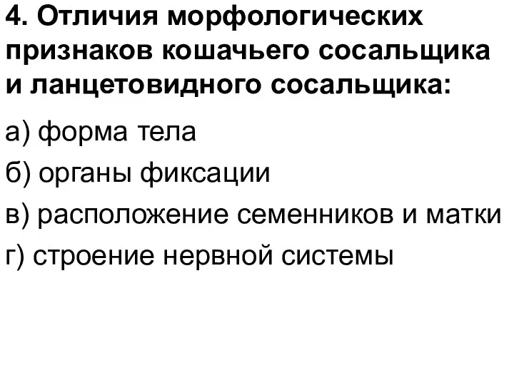 4. Отличия морфологических признаков кошачьего сосальщика и ланцетовидного сосальщика: а)