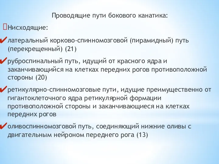 Проводящие пути бокового канатика: Нисходящие: латеральный корково-спинномозговой (пирамидный) путь (перекрещенный)