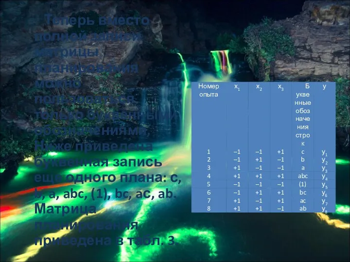 Теперь вместо полной записи матрицы планирования можно пользоваться только буквенными