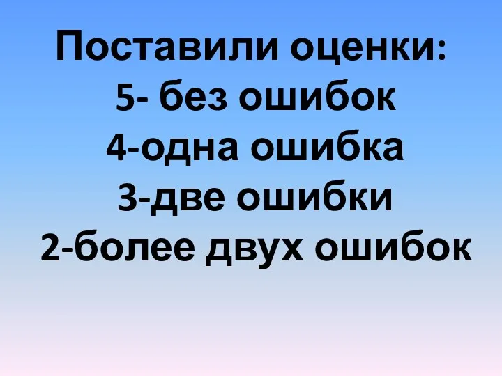 Поставили оценки: 5- без ошибок 4-одна ошибка 3-две ошибки 2-более двух ошибок