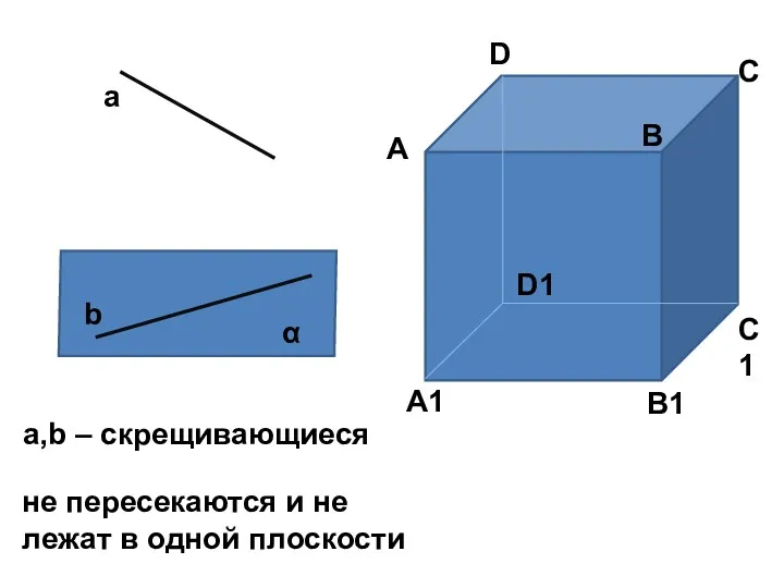 a b α a,b – скрещивающиеся не пересекаются и не лежат в одной