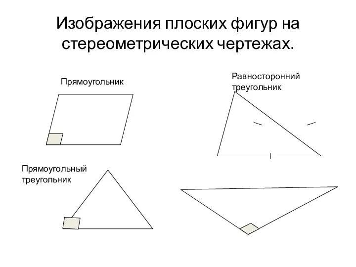 Изображения плоских фигур на стереометрических чертежах. Прямоугольник Прямоугольный треугольник Равносторонний треугольник