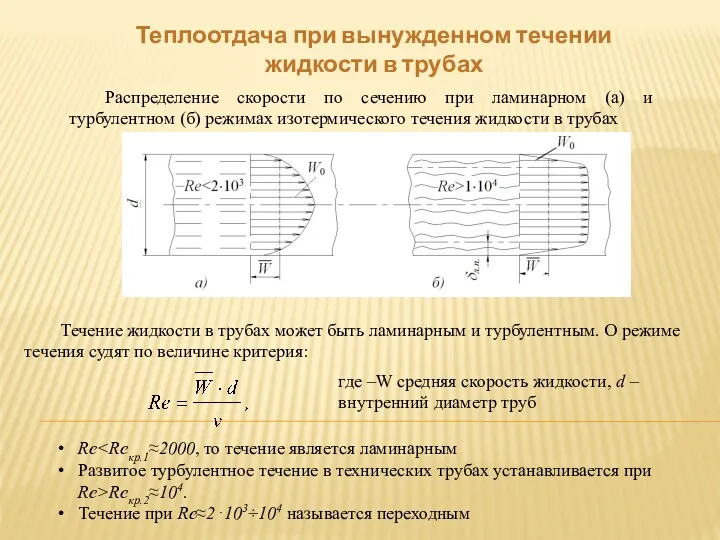 Теплоотдача при вынужденном течении жидкости в трубах Распределение скорости по