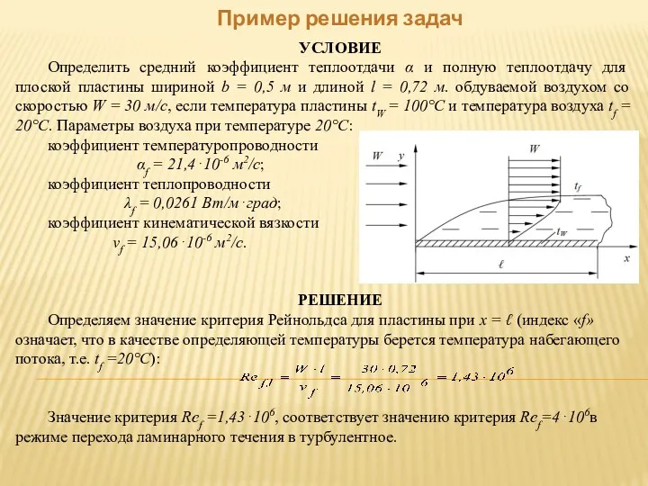 Пример решения задач УСЛОВИЕ Определить средний коэффициент теплоотдачи α и