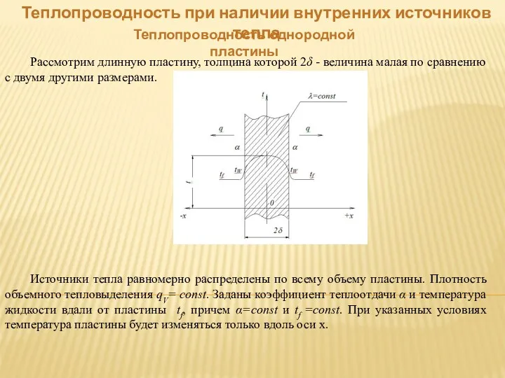 Теплопроводность при наличии внутренних источников тепла Теплопроводность однородной пластины Рассмотрим