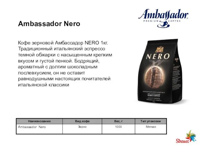 Ambassador Nero Кофе зерновой Амбассадор NERO 1кг. Традиционный итальянский эспрессо