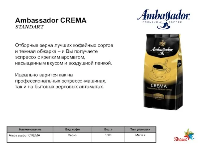 Ambassador CREMA STANDART Отборные зерна лучших кофейных сортов и темная