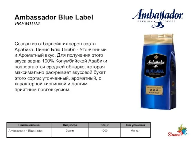 Ambassador Blue Label PREMIUM Cоздан из отборнейших зерен сорта Арабика.