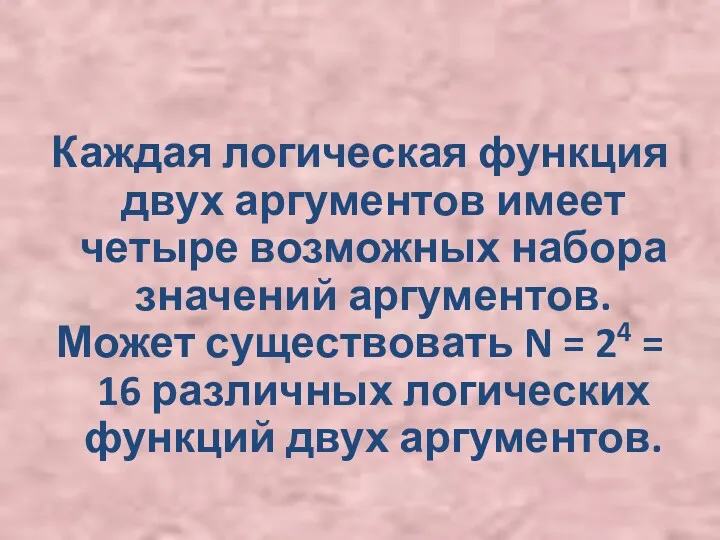 Каждая логическая функция двух аргументов имеет четыре возможных набора значений