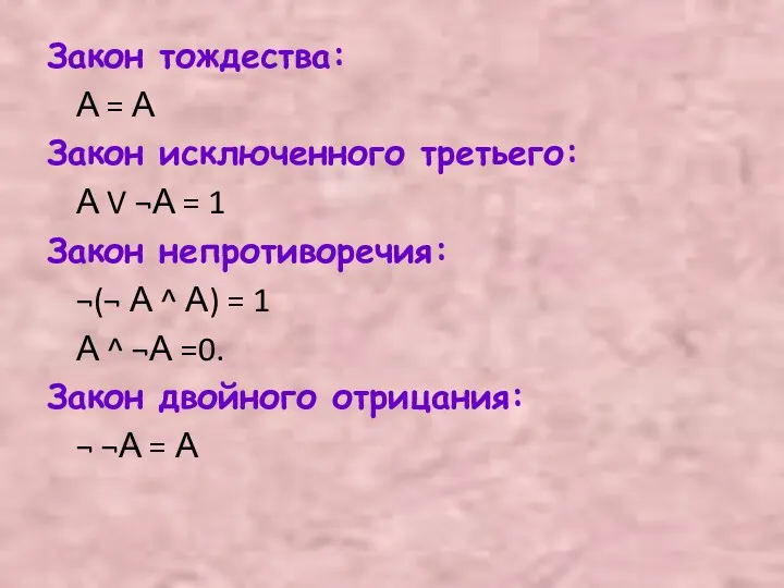 Закон тождества: А = А Закон исключенного третьего: А V