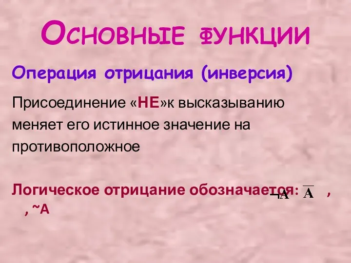 Основные функции Операция отрицания (инверсия) Присоединение «НЕ»к высказыванию меняет его