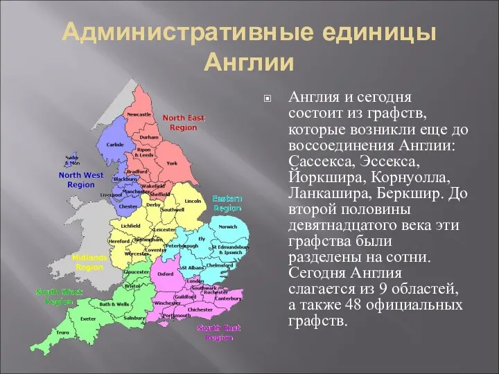 Административные единицы Англии Англия и сегодня состоит из графств, которые