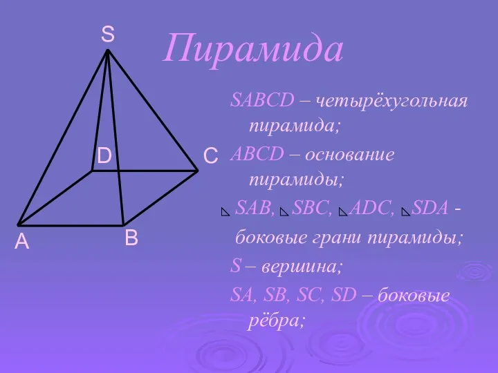 Пирамида SABCD – четырёхугольная пирамида; ABCD – основание пирамиды; SAB,