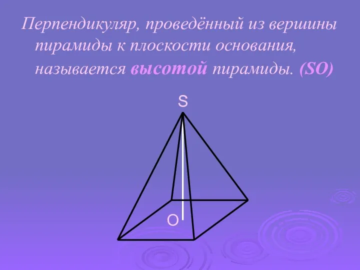 Перпендикуляр, проведённый из вершины пирамиды к плоскости основания, называется высотой пирамиды. (SO)