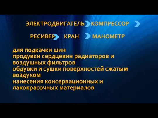 для подкачки шин продувки сердцевин радиаторов и воздушных фильтров обдувки