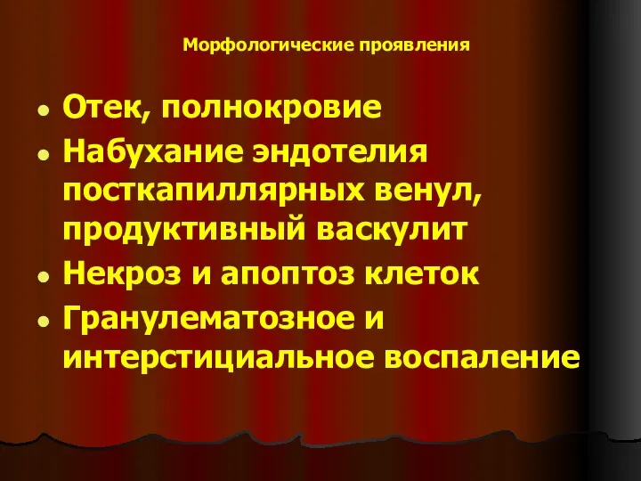 Морфологические проявления Отек, полнокровие Набухание эндотелия посткапиллярных венул, продуктивный васкулит