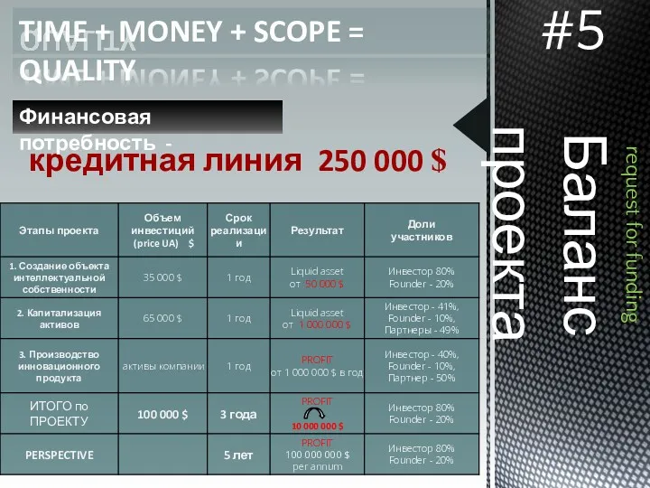 request for funding Баланс проекта #5 кредитная линия 250 000