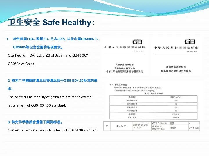 卫生安全 Safe Healthy： 符合美国FDA、欧盟EU、日本JIZS，以及中国GB4806.7、GB9685等卫生性能的各项要求。 Qualified for FDA, EU, JIZS of