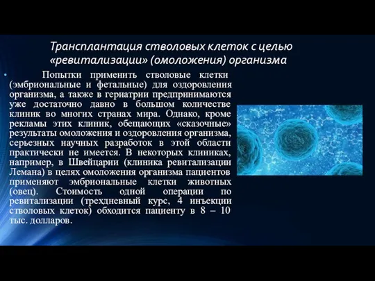 Трансплантация стволовых клеток с целью «ревитализации» (омоложения) организма Попытки применить