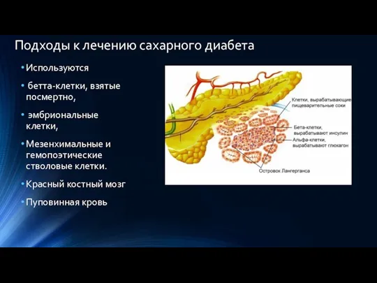 Подходы к лечению сахарного диабета Используются бетта-клетки, взятые посмертно, эмбриональные