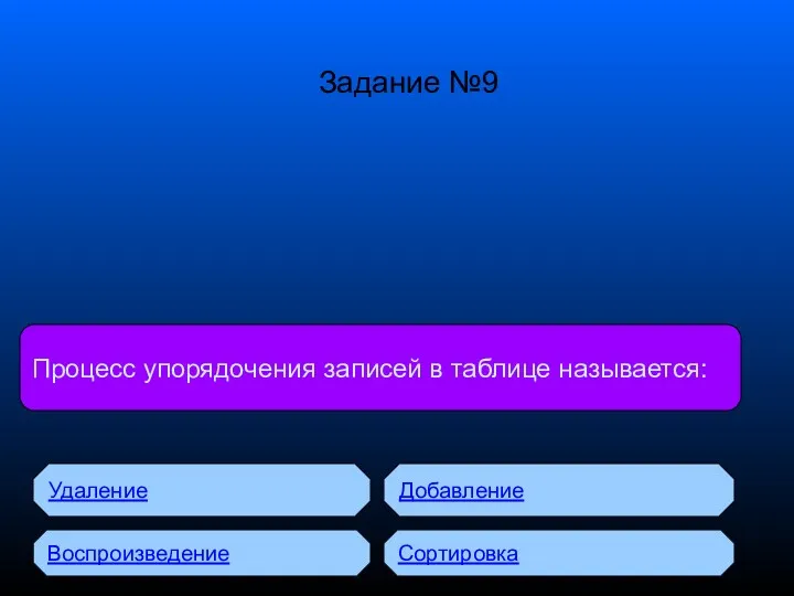 Процесс упорядочения записей в таблице называется: Удаление Воспроизведение Добавление Сортировка Задание №9