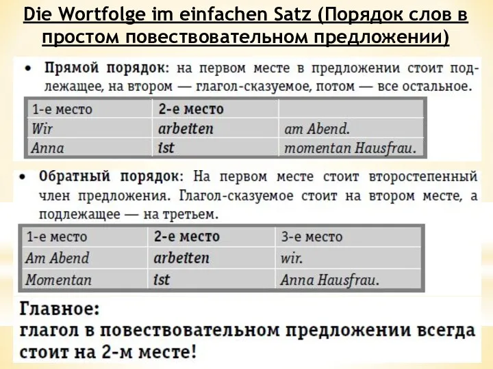 Die Wortfolge im einfachen Satz (Порядок слов в простом повествовательном предложении)