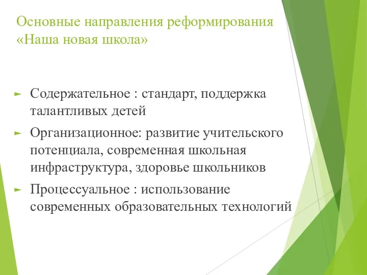 Основные направления реформирования «Наша новая школа» Содержательное : стандарт, поддержка