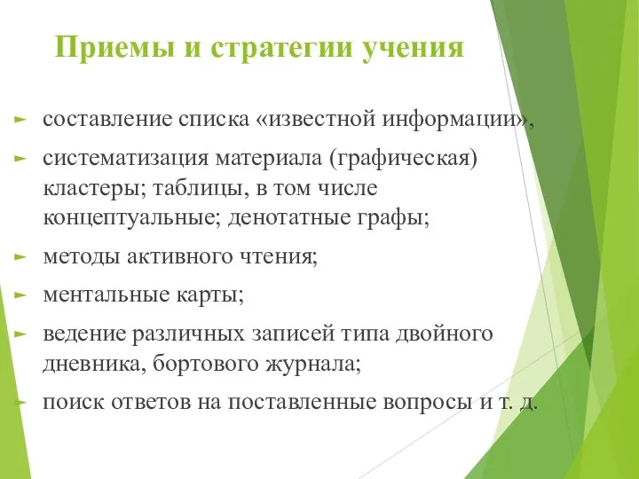 Приемы и стратегии учения составление списка «известной информации», систематизация материала