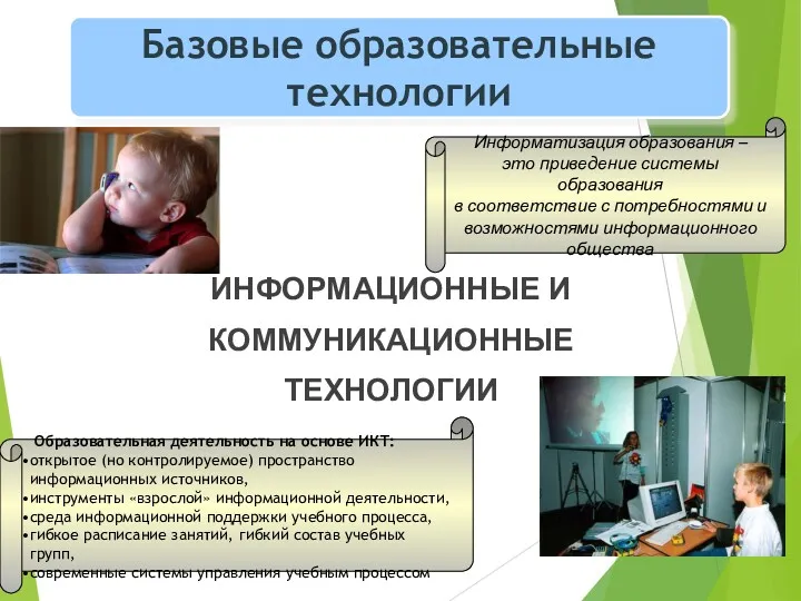 ИНФОРМАЦИОННЫЕ И КОММУНИКАЦИОННЫЕ ТЕХНОЛОГИИ Базовые образовательные технологии Информатизация образования –