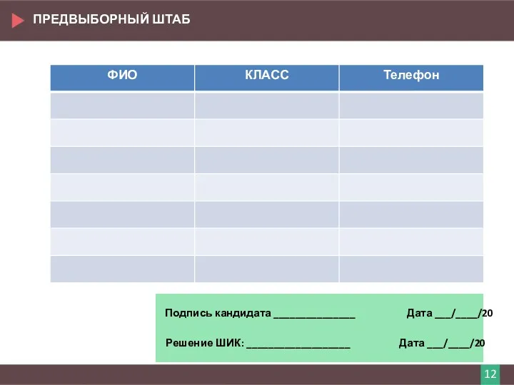 ПРЕДВЫБОРНЫЙ ШТАБ 12 Подпись кандидата _______________ Дата ___/____/20 Решение ШИК: ___________________ Дата ___/____/20