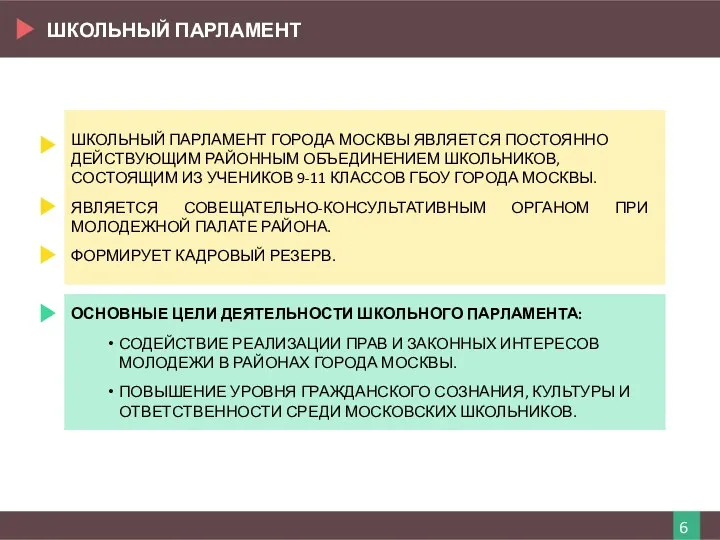 ШКОЛЬНЫЙ ПАРЛАМЕНТ ГОРОДА МОСКВЫ ЯВЛЯЕТСЯ ПОСТОЯННО ДЕЙСТВУЮЩИМ РАЙОННЫМ ОБЪЕДИНЕНИЕМ ШКОЛЬНИКОВ,