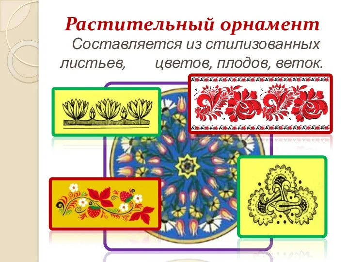 Растительный орнамент Составляется из стилизованных листьев, цветов, плодов, веток.