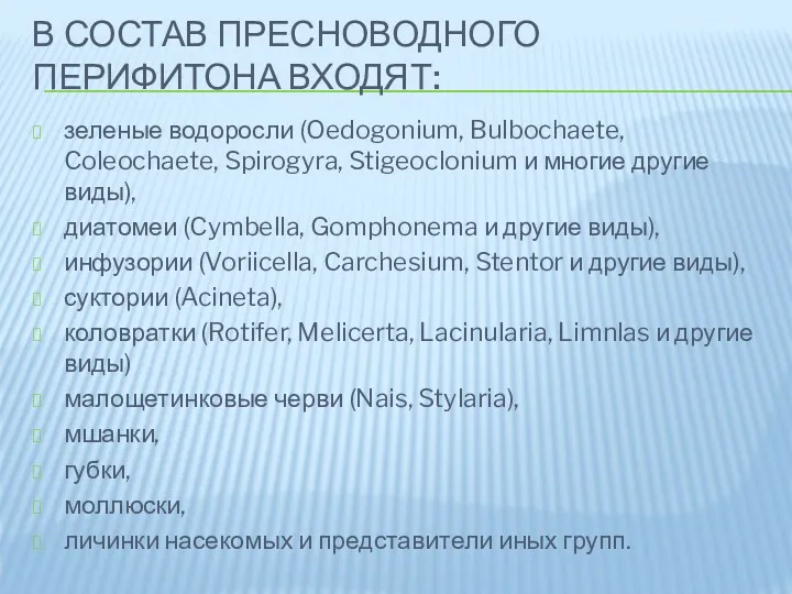 В СОСТАВ ПРЕСНОВОДНОГО ПЕРИФИТОНА ВХОДЯТ: зеленые водоросли (Oedogonium, Bulbochaete, Coleochaete, Spirogyra, Stigeoclonium и