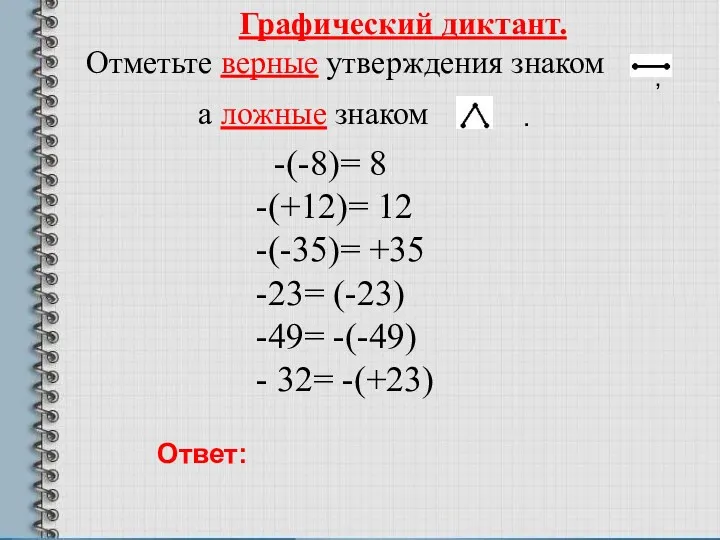 Графический диктант. Отметьте верные утверждения знаком а ложные знаком -(-8)=