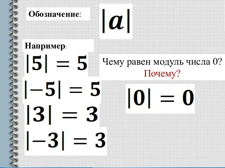 Обозначение: Например: Чему равен модуль числа 0? Почему?