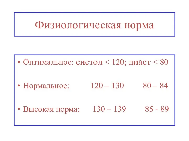 Физиологическая норма Оптимальное: систол Нормальное: 120 – 130 80 –