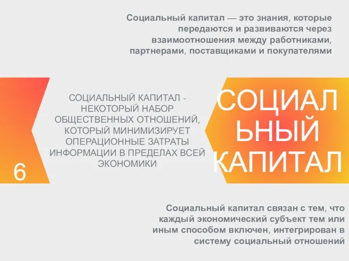 6 СОЦИАЛЬНЫЙ КАПИТАЛ СОЦИАЛЬНЫЙ КАПИТАЛ - НЕКОТОРЫЙ НАБОР ОБЩЕСТВЕННЫХ ОТНОШЕНИЙ,