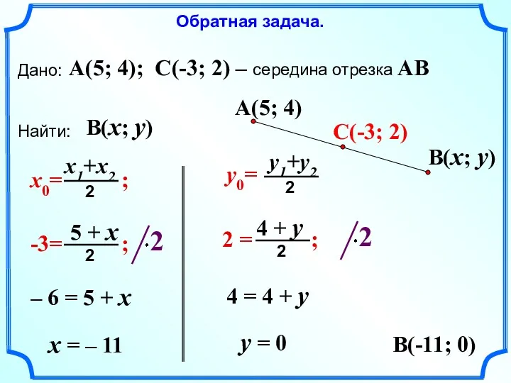 Дано: Найти: A(5; 4); C(-3; 2) – середина отрезка AB