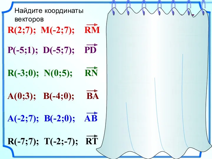 Найдите координаты векторов R(2; 7) M(-2;7) P(-5; 1) D(-5;7) R(-3;0)