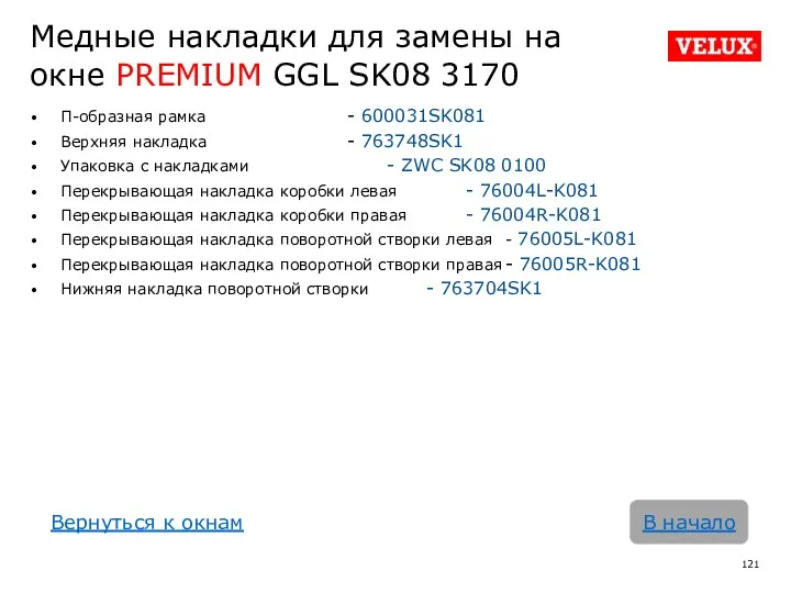 Медные накладки для замены на окне PREMIUM GGL SK08 3170