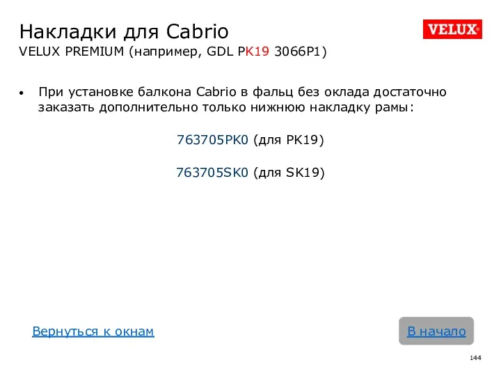 Накладки для Cabrio VELUX PREMIUM (например, GDL PK19 3066P1) В