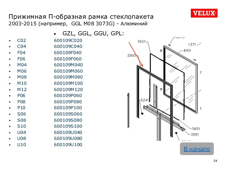 Прижимная П-образная рамка стеклопакета 2003-2015 (например, GGL M08 3073G) -