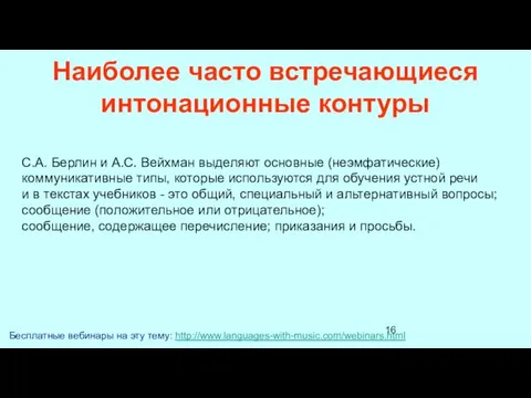 Наиболее часто встречающиеся интонационные контуры Бесплатные вебинары на эту тему: